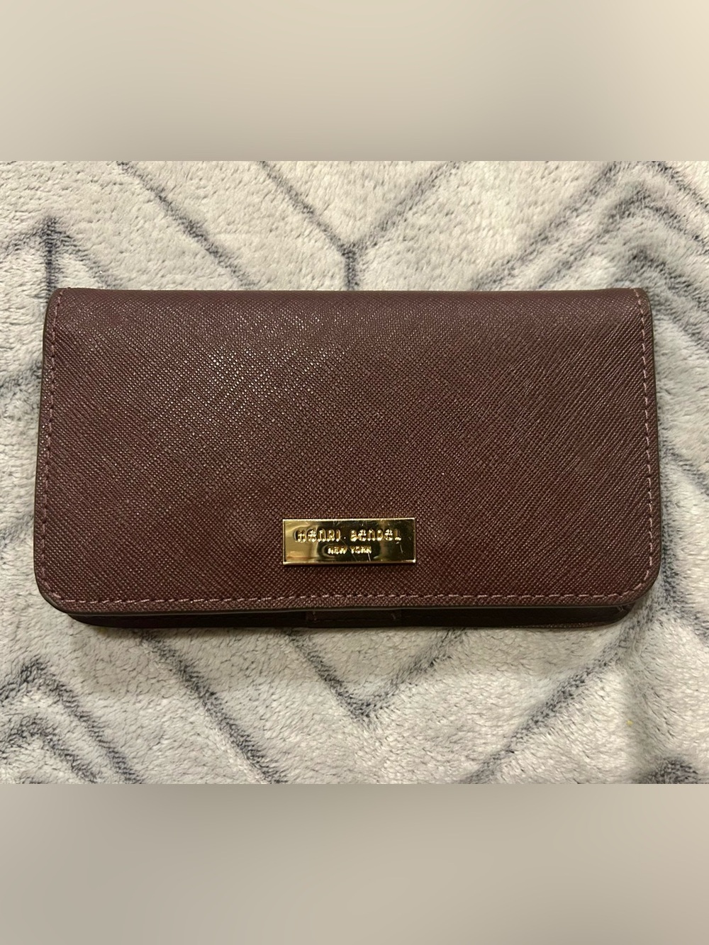 henri bendel Brown Saffiano Leather Wallet with Gold Plaque
